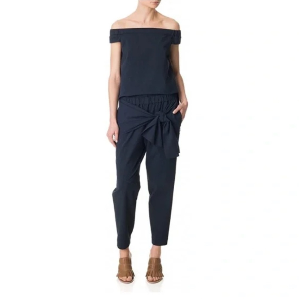 Tibi Seersucker Off Shoulder Top in Navy Blue